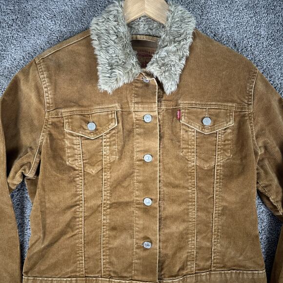Vtg Levis Jacket Misses M Golden Brown Corduroy Type 3 Trucker Faux Fur Collar - Picture 3 of 11